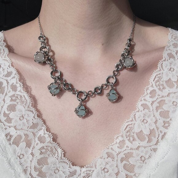 Hand Crafted Jewelry - Vintage blue pearls and silver chunky statement necklace with a silver chain